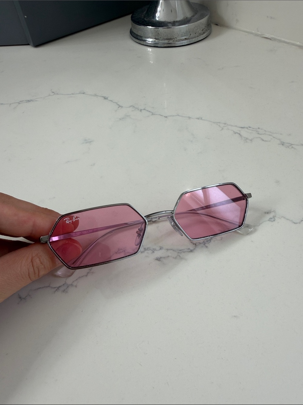 Ray-Ban Silver Frame Sunglasses with Pink Lenses